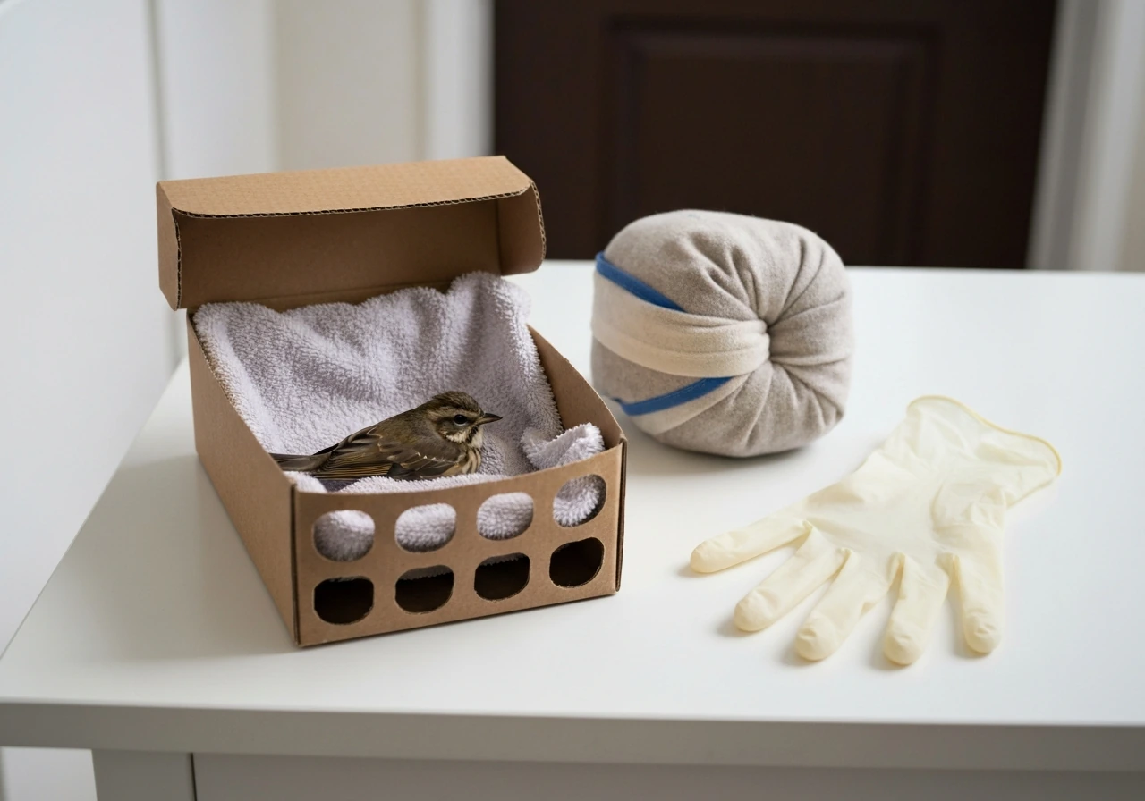 Injured wild bird safely in a ventilated warm box with gloves nearby for urgent first aid