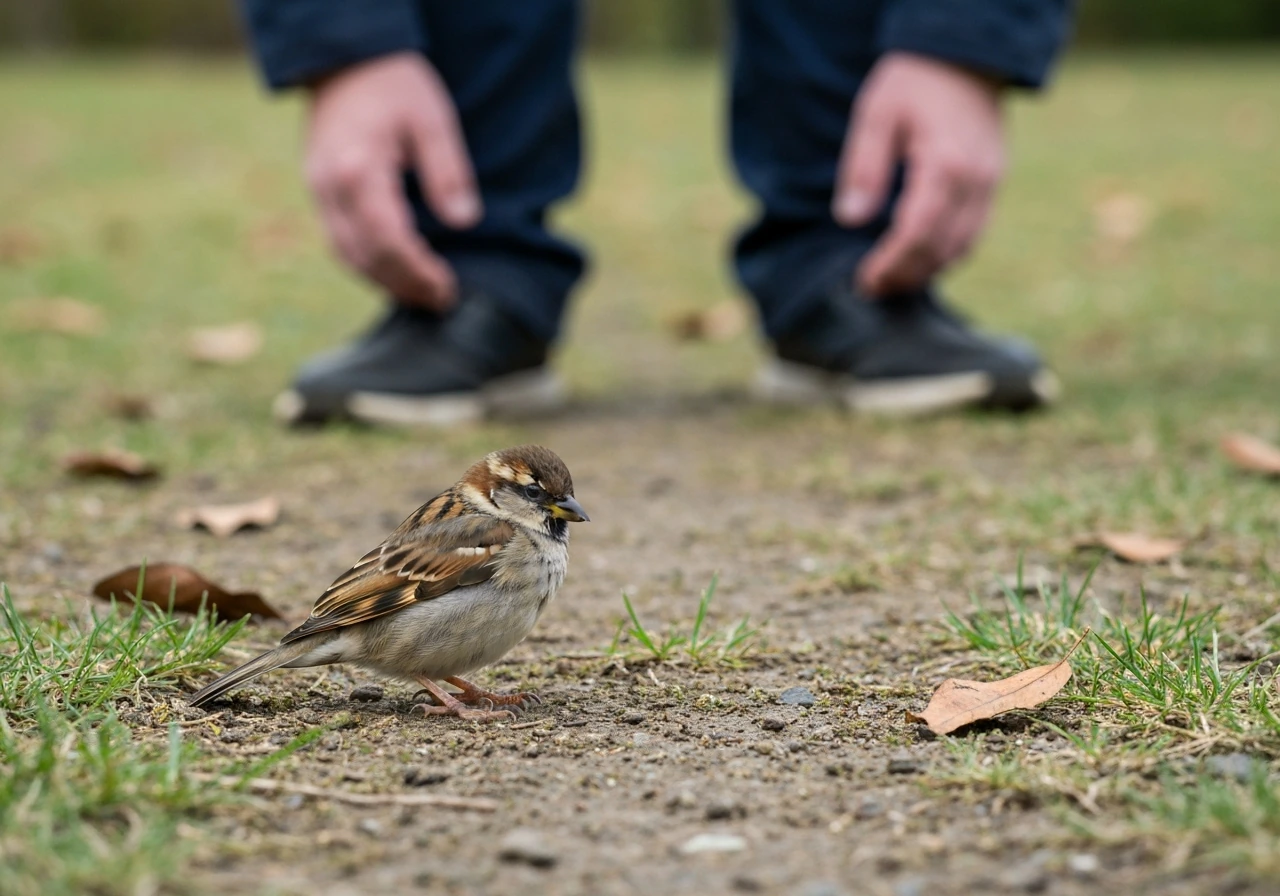 Observer stands back while a small injured bird perches on the ground, hunched and breathing lightly.