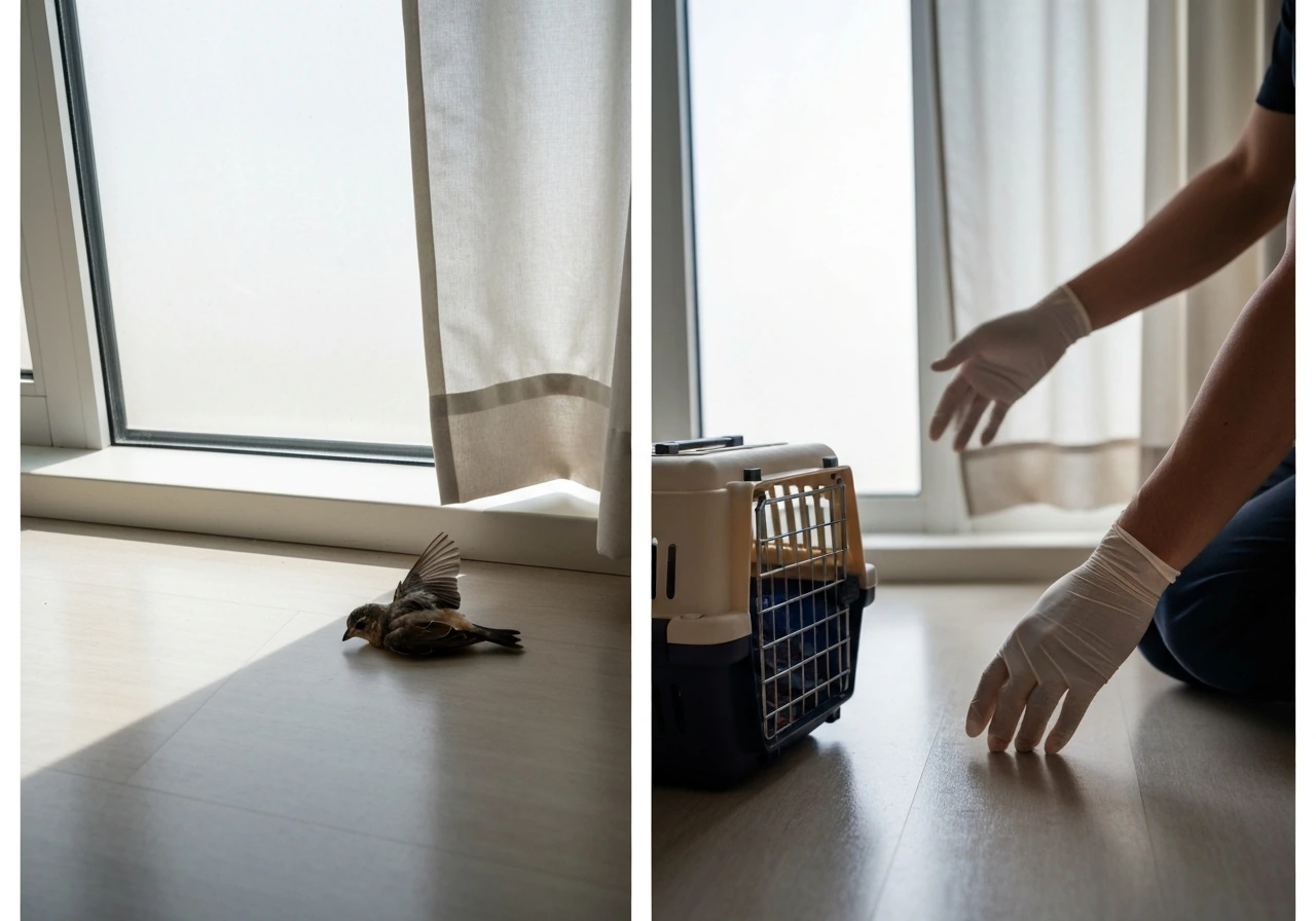 Stunned small bird on the floor near a window, with a nearby carrier for immediate rescue.