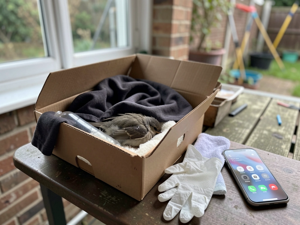 A ventilated cardboard box with warmth and calm setup for an injured wild bird in the UK.