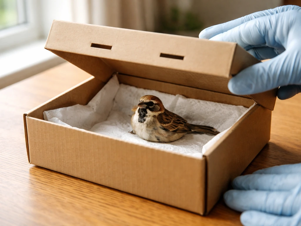 A rescued wild bird resting safely in a ventilated box with a handler’s gloved hands nearby