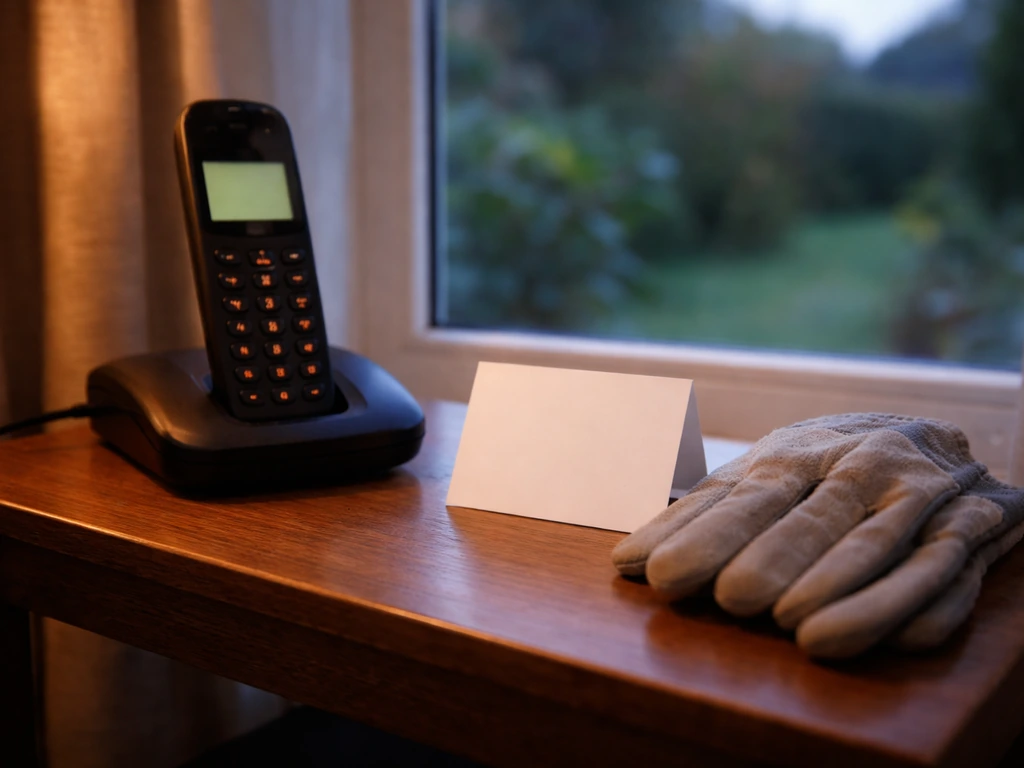 Landline phone on a side table next to blank contact card and gloves in a calm UK home.