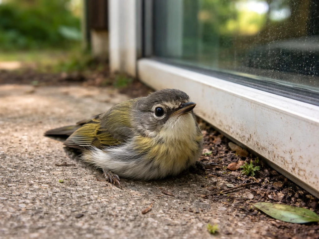 Dazed small bird lying on the ground beside a reflective home window.