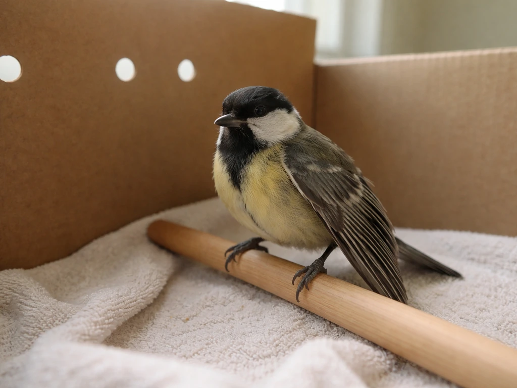 Small bird in a box with one wing held at an odd angle and difficulty perching on a dowel.