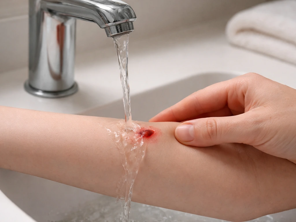 Hand rinsing a small bite on a forearm with running water for immediate first aid.
