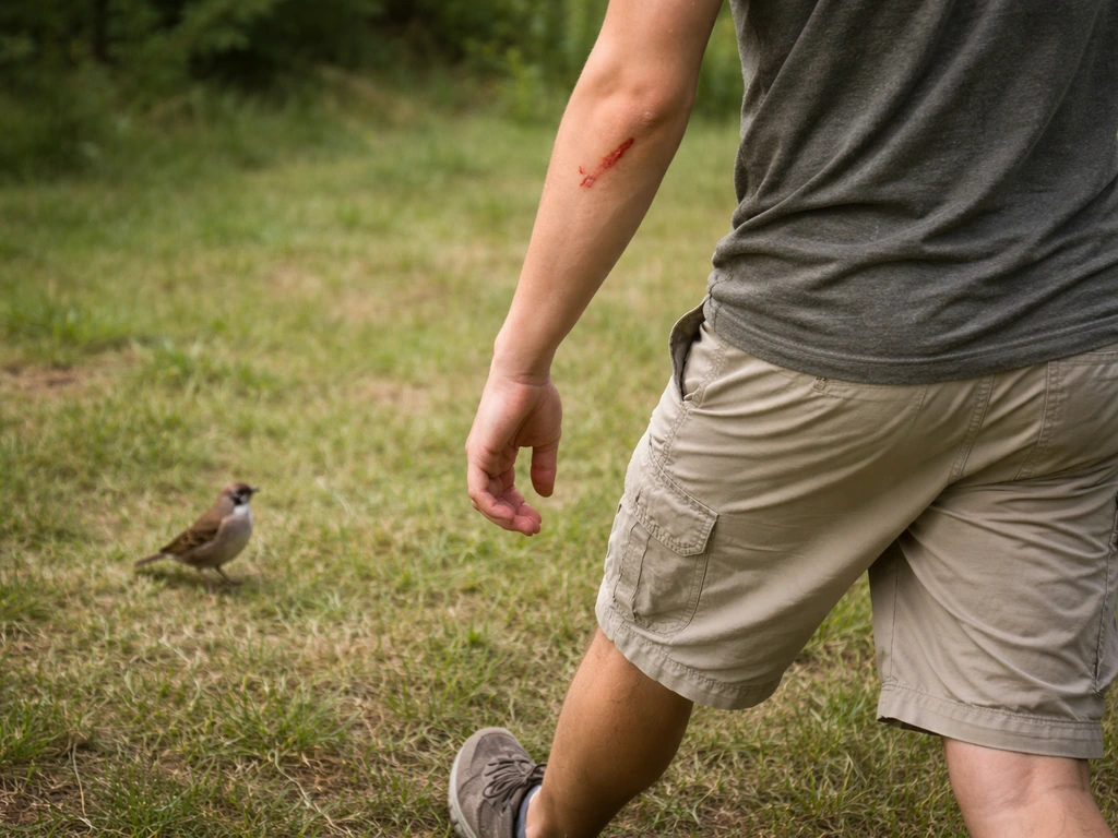 Person stepping back from a wild bird after a bite, wound left untreated, creating distance.