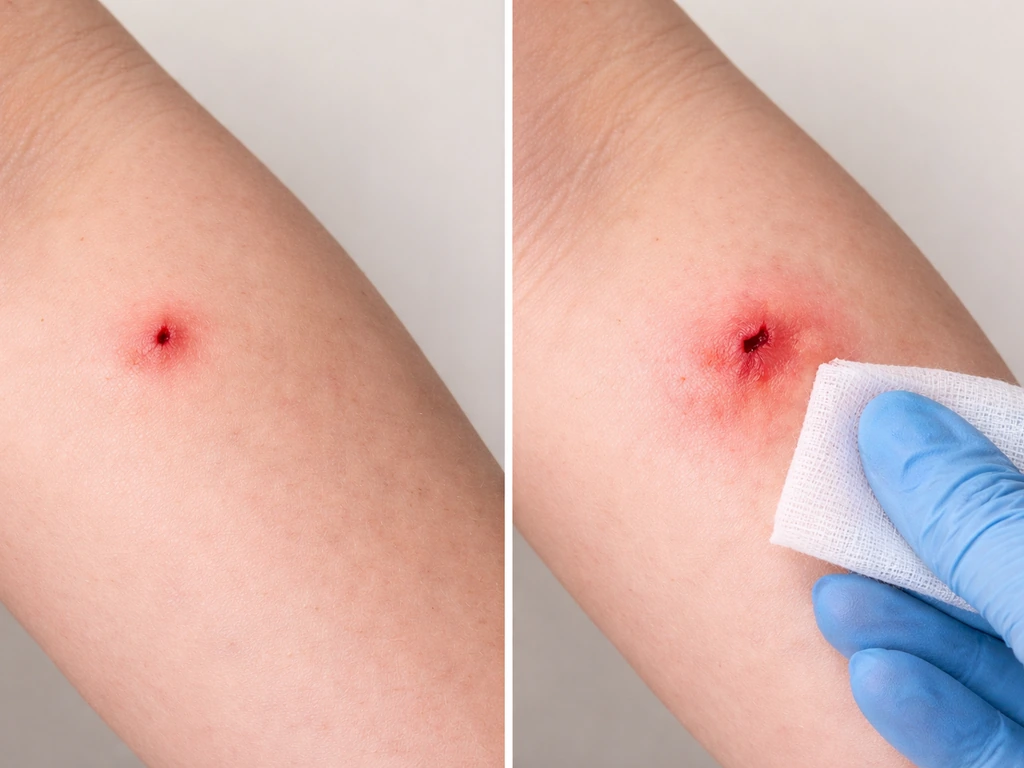 Close-up of two small bird bite spots on skin showing shallow puncture versus deeper injury, with a gloved check.