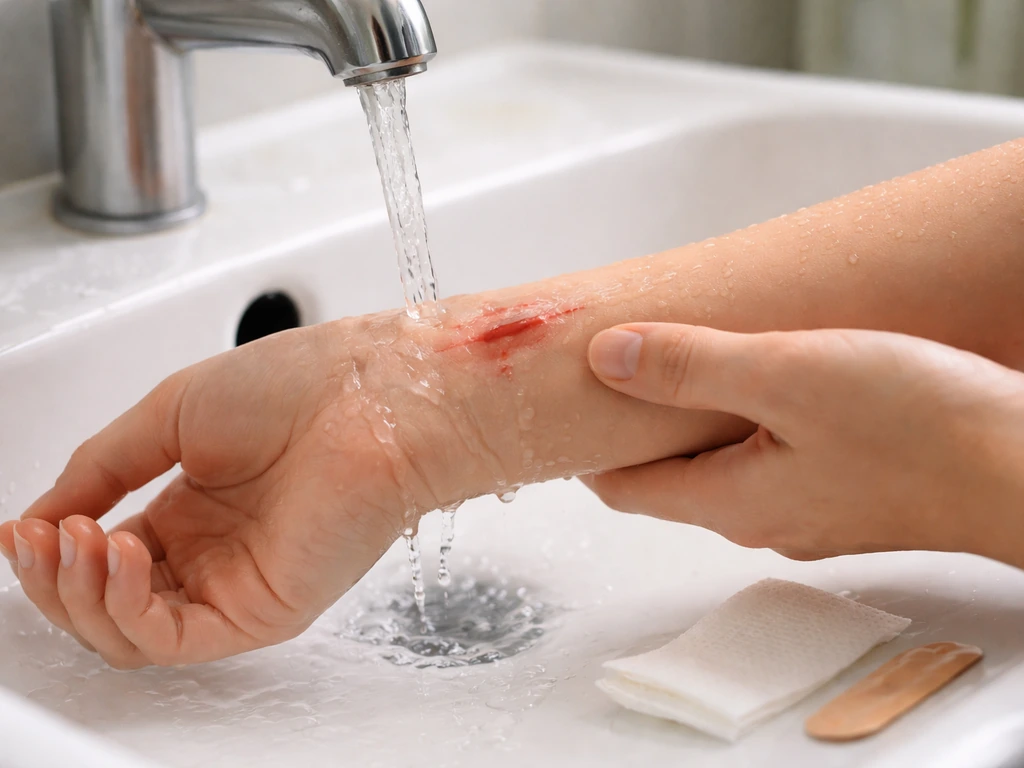 Hand rinsing a small wound under a running tap water stream with clean gauze and bandage ready nearby.