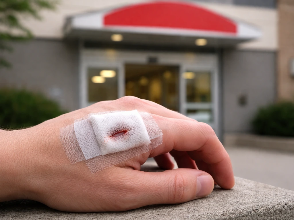 Hand with a small deep puncture wound covered by gauze near an urgent care entrance outdoors.
