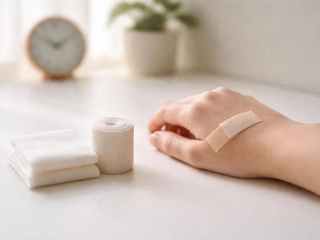 Bandaged hand on a table with gauze and a simple clock in the background for daily follow-up checks.