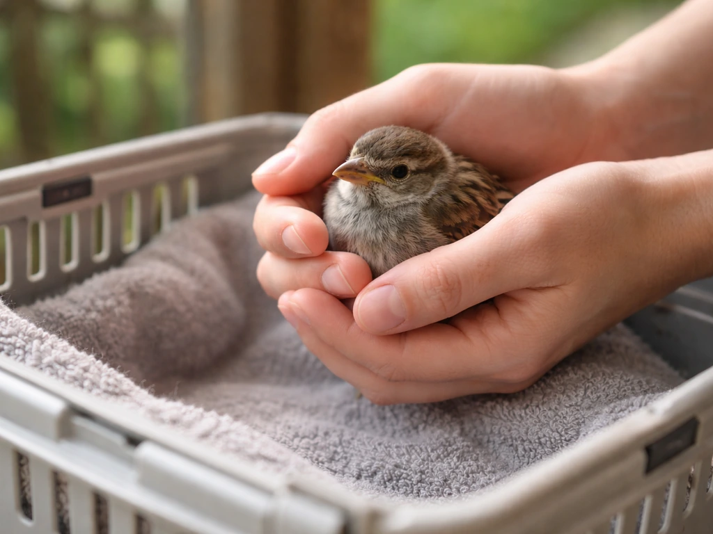 Calm adult hands safely holding a small injured bird above a towel-lined ventilated box.