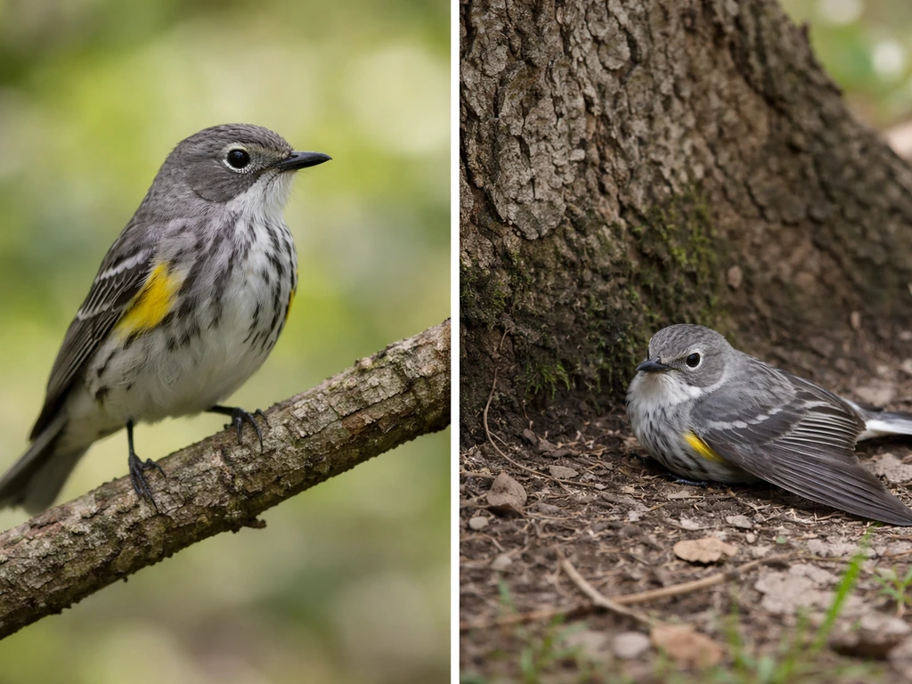 Split-scene: an undisturbed bird on a branch and, separately, a visibly injured bird needing help