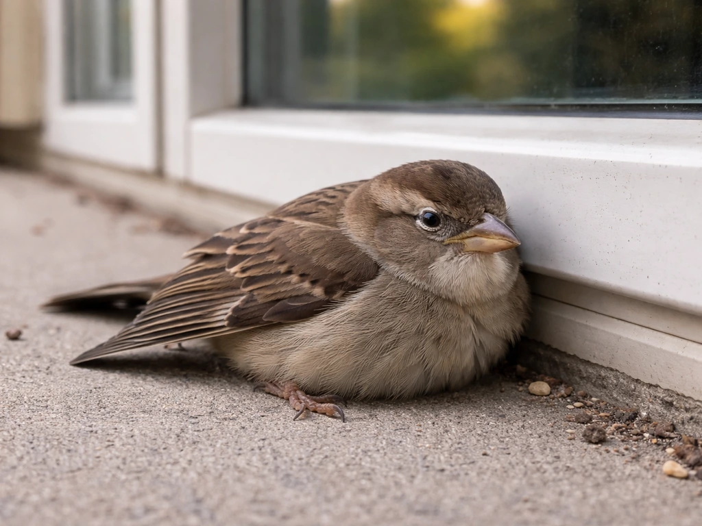 Small bird crouched stunned on the ground beside a window after a collision