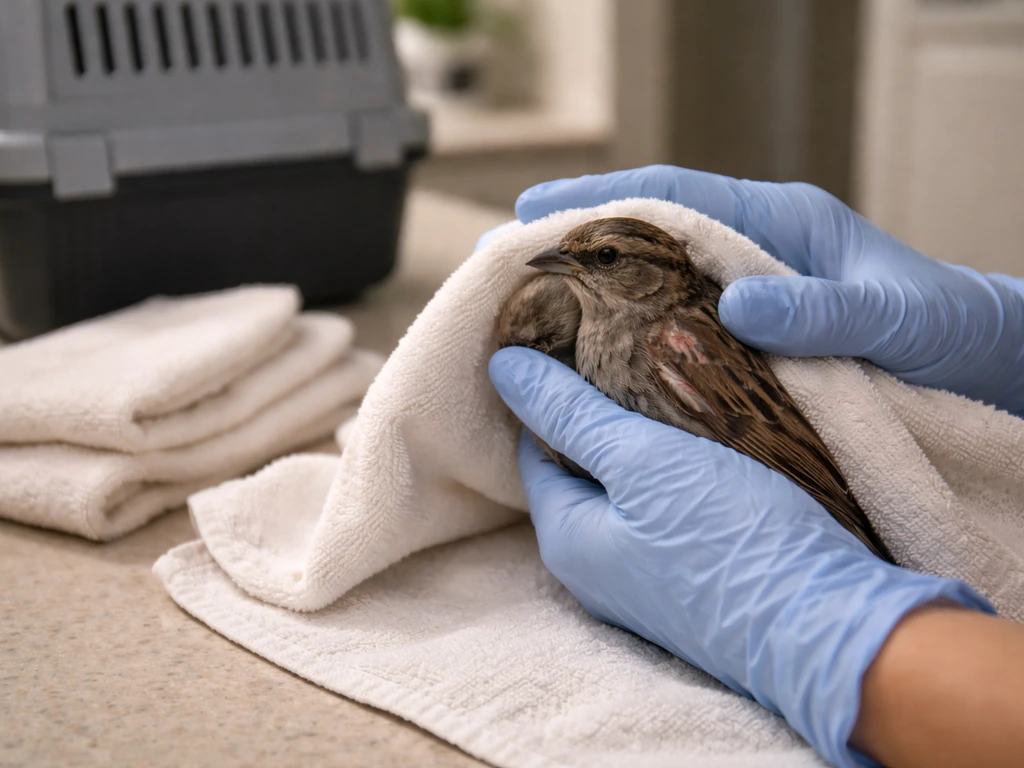 Gloved rescuer holding a towel over a small bird after a minor cat or dog bite, ready to contain injuries