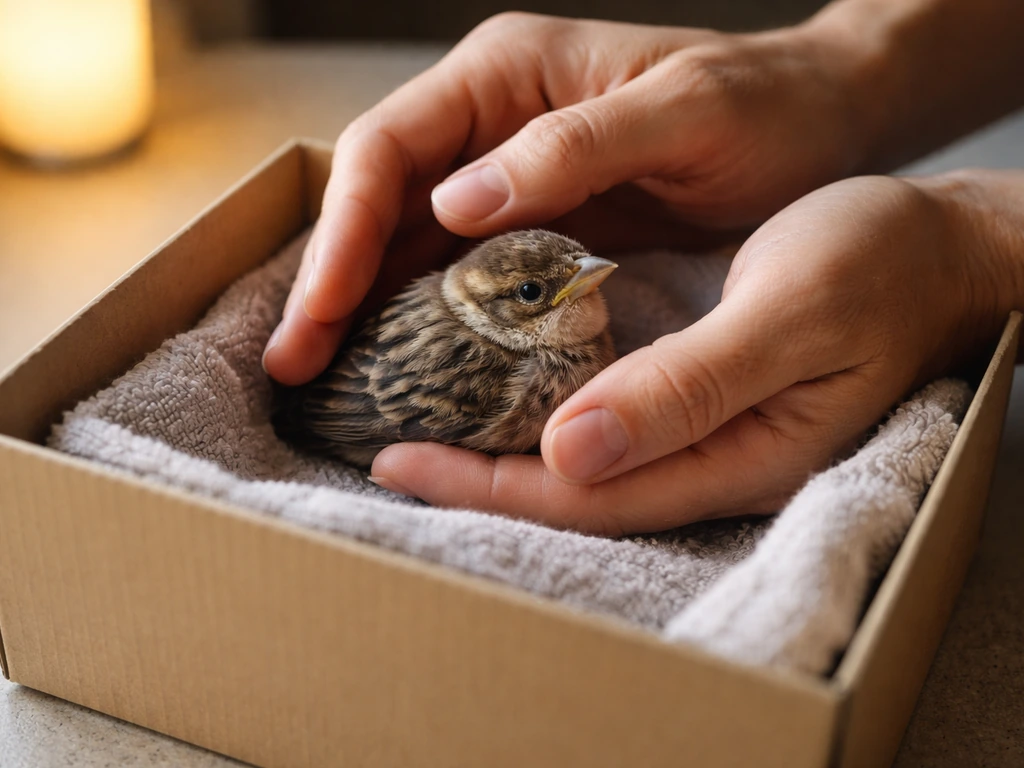 A small bird gently cupped in warm hands inside a quiet, safe cardboard box.