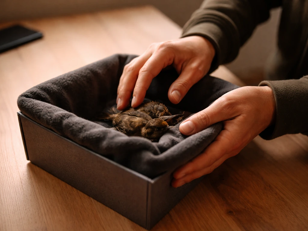 Rescuer’s hands placing a collapsed bird in a warm dark container ready for emergency intake.