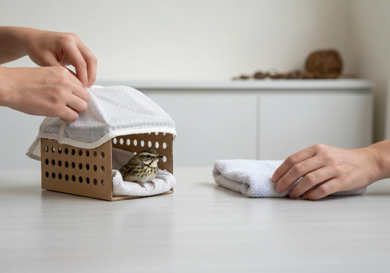 Rescued injured bird in a ventilated box as a rescuer prepares safe next steps