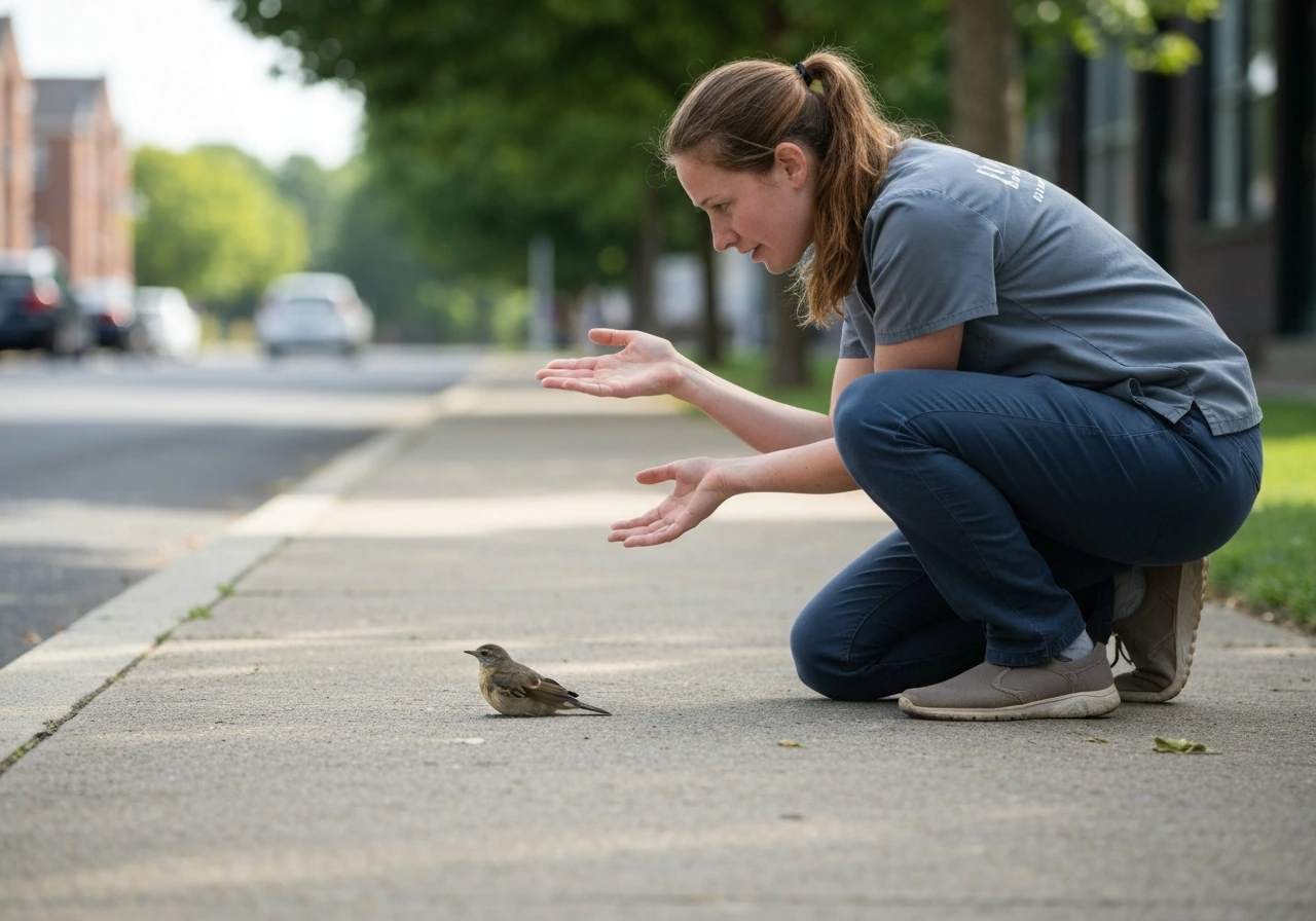 Caregiver kneels a few feet from an injured bird on the ground, hands visible, watching cautiously.