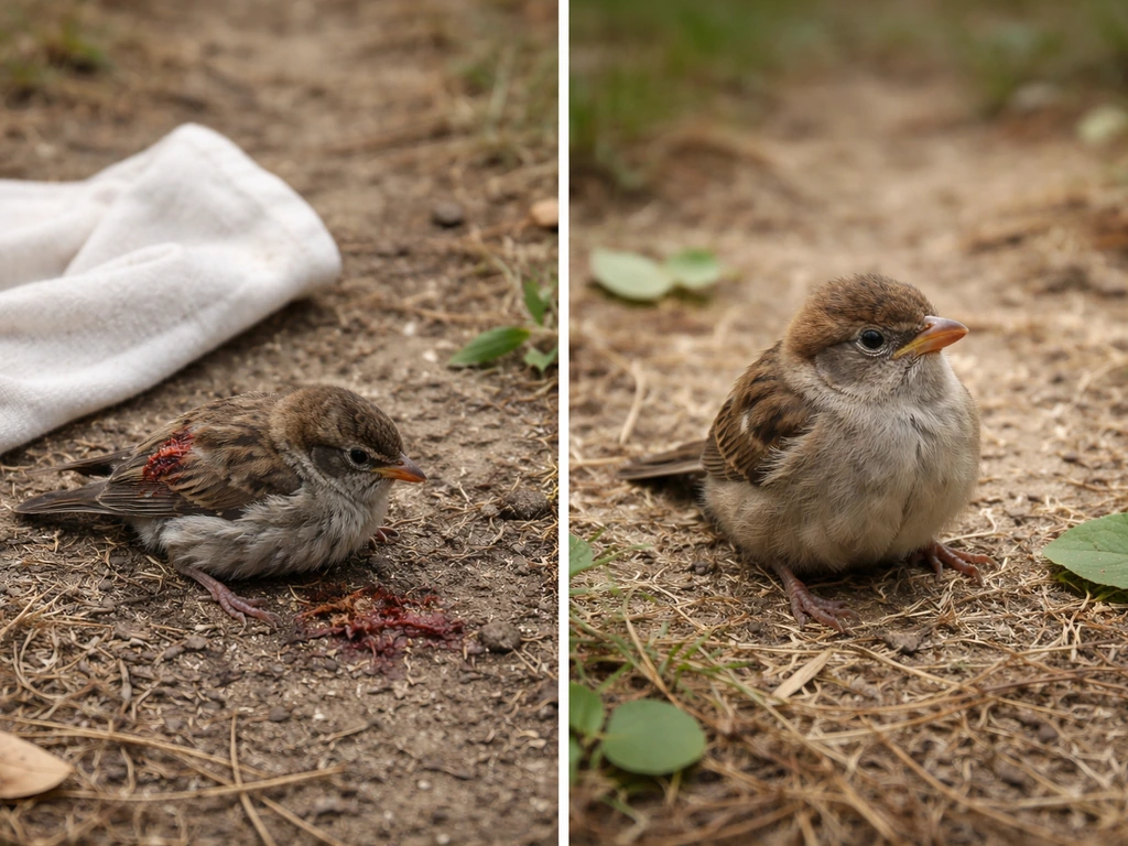 Two birds on grass: one injured with visible blood, one uninjured fledgling waiting calmly.