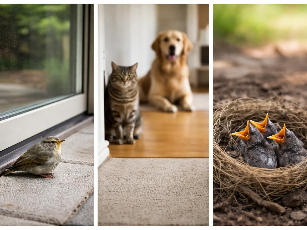 Three-panel photo collage: bird near window glass, cat/dog nearby, and baby bird nest on ground