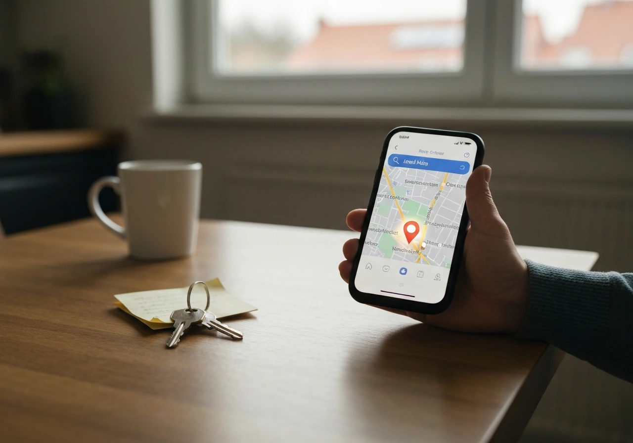 Hand holding a smartphone with a generic nearby search/map interface for local help, one location highlighted.