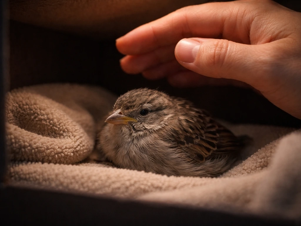Injured small bird resting in a warm dark recovery box as a caregiver’s hand stays nearby.