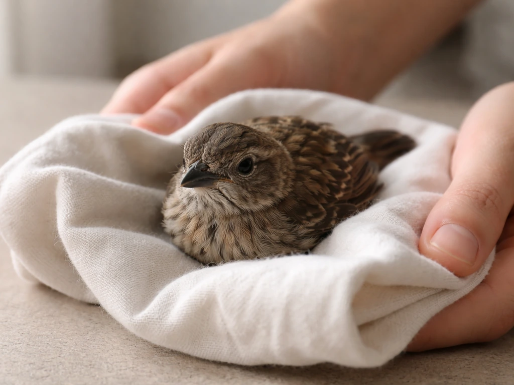 Anonymous hands gently support a wild bird with a soft cloth during safe first aid.