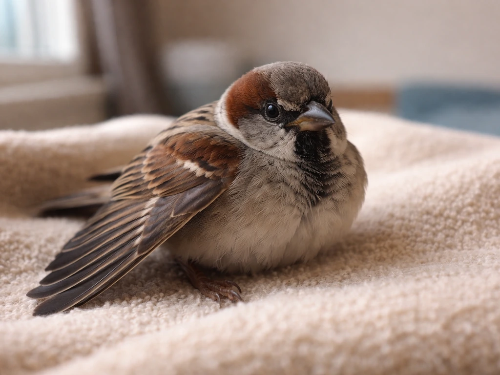 Rescued small bird with a wing drooping and held lower than the other on a soft towel.
