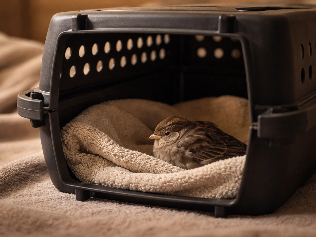 Warm, dim transport box with a small bird resting inside, calm and quiet while waiting for help.