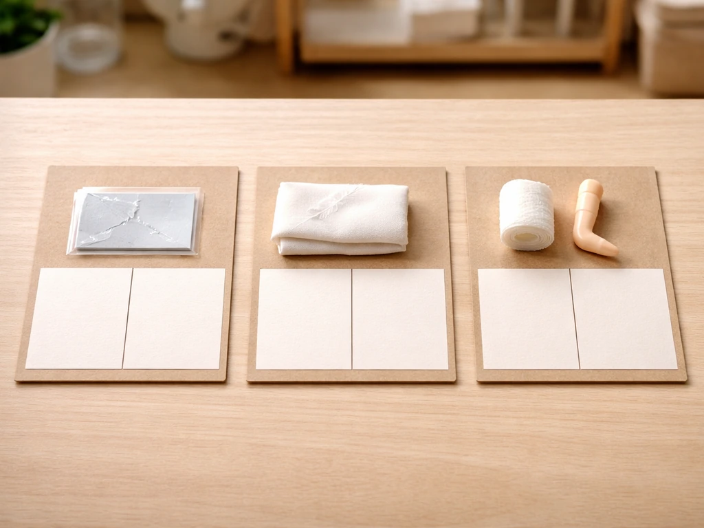 Three blank two-panel cards on a wood table with small injury-themed props for a side-by-side comparison.