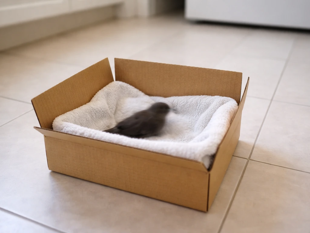 Small cardboard box lined with a towel, ready for gentle placement after suspected neck injury.