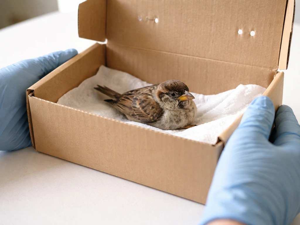 Gloved hands holding a small bird in a ventilated box, keeping fingers away from the neck safely.