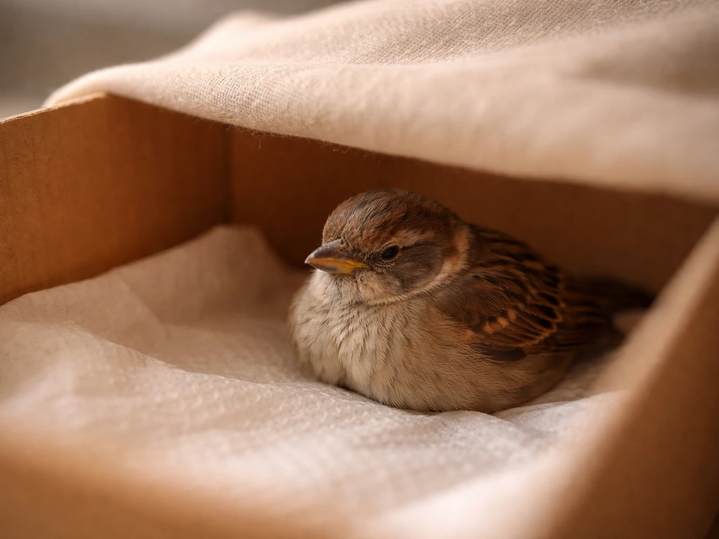 Small wild bird resting calmly in a warm, quiet recovery box under a lightly covered container