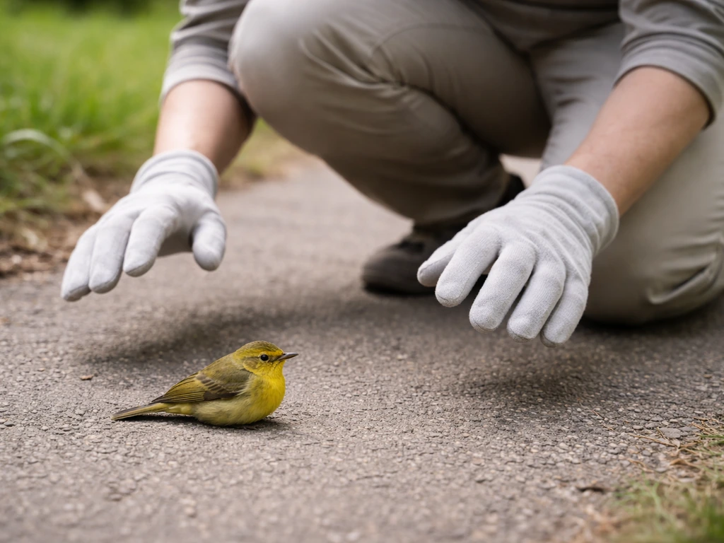 Person carefully checks a stunned bird from a safe distance on the ground