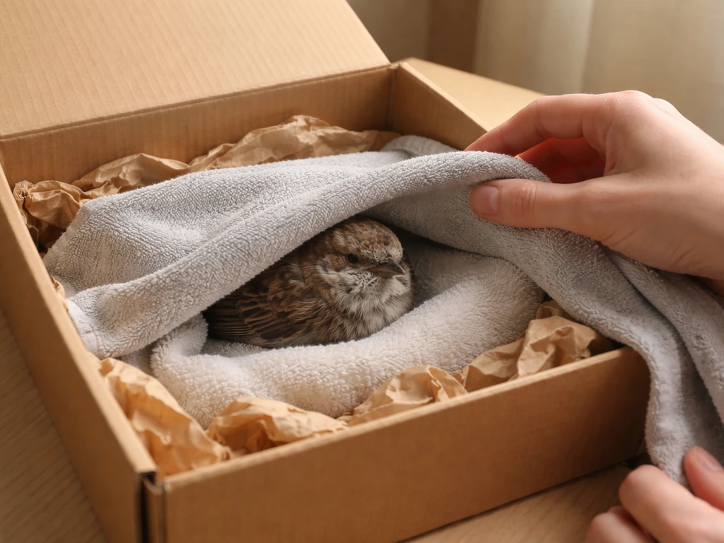 A lined recovery box with a small resting bird, covered for warmth and calm first aid.