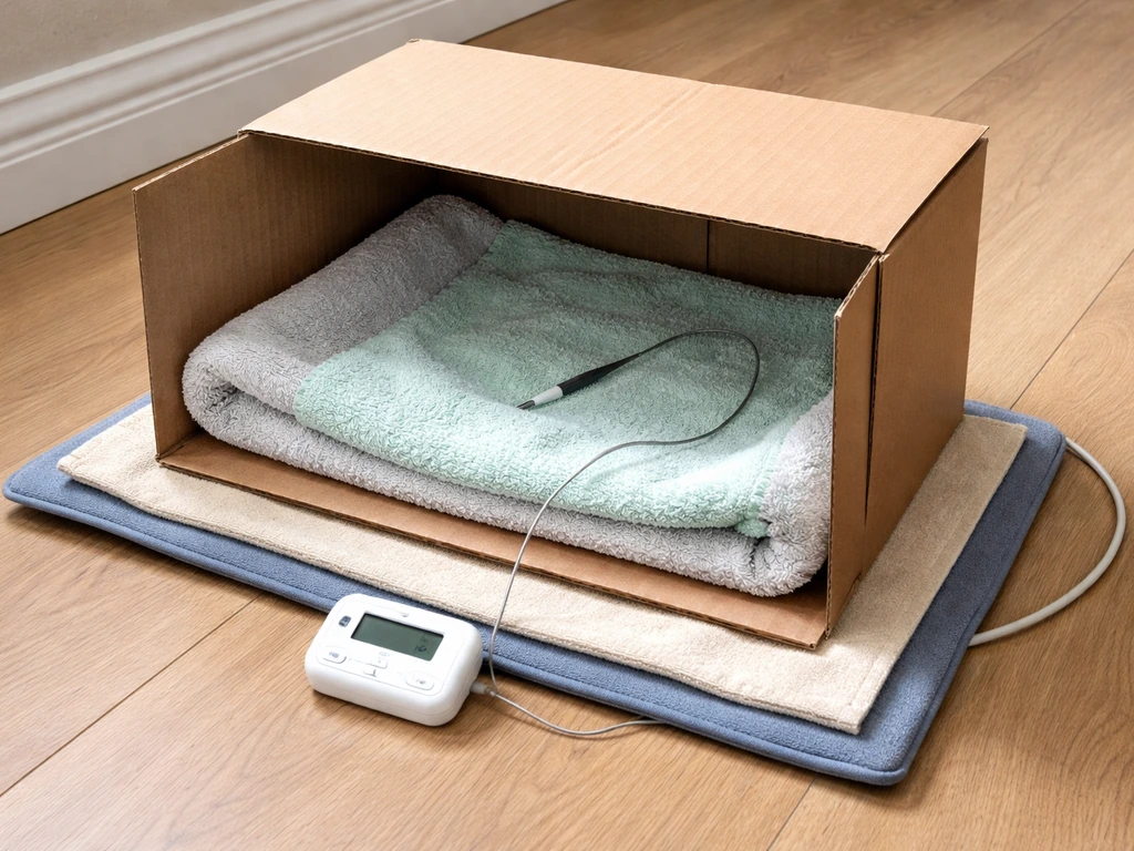 Recovery warming box with thermometer probe and heating pad placement showing correct internal monitoring.