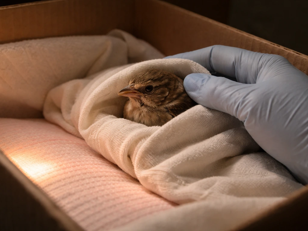 Injured wild bird resting in a warm, quiet recovery box with gloved hands providing gentle first aid.