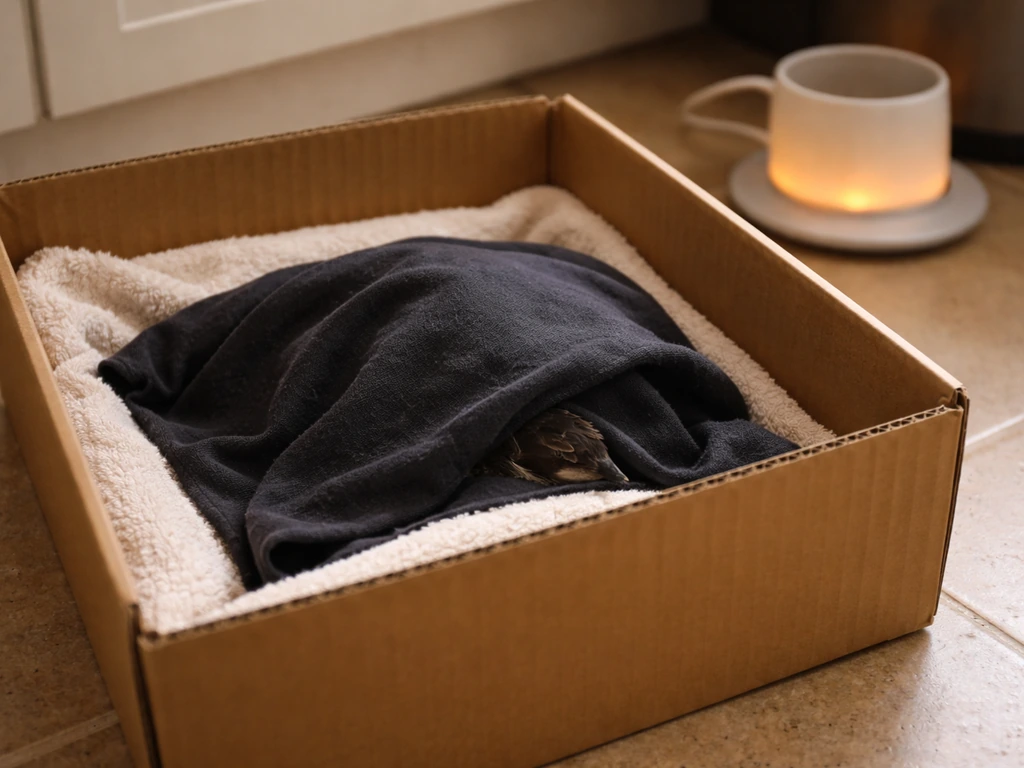 Injured bird first-aid setup: small cardboard box lined with towel, bird covered, warm source nearby.