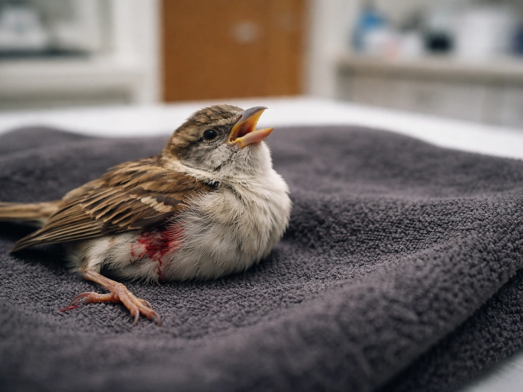 Close-up of a small bird on a towel showing open-mouth breathing and signs of injury.