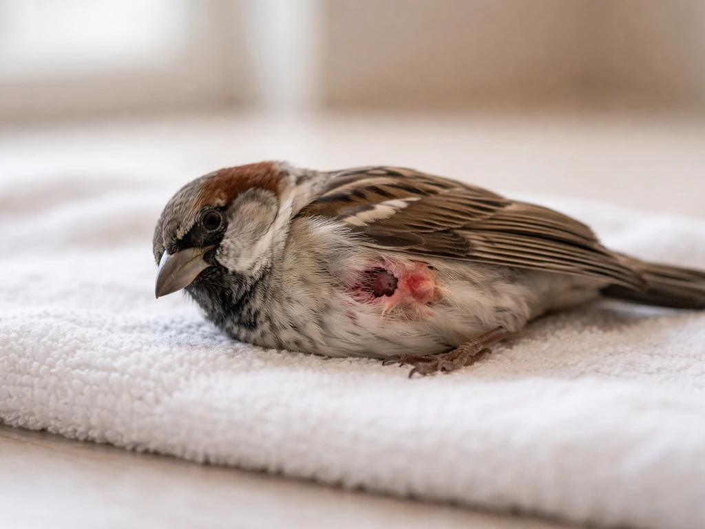Injured small bird with fresh puncture wounds on wing after a cat or dog bite, near a clean towel.