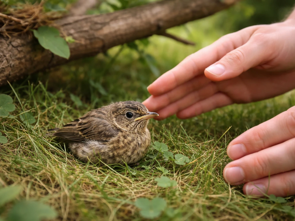 Caregiver hands cautiously approach a small wild bird on the ground near a nest area.