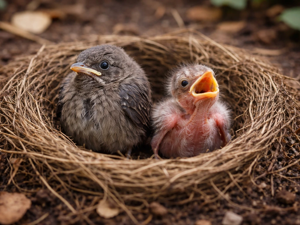 Two baby birds in a nest side-by-side: one feathered fledgling, one mostly bare nestling with sparse down.