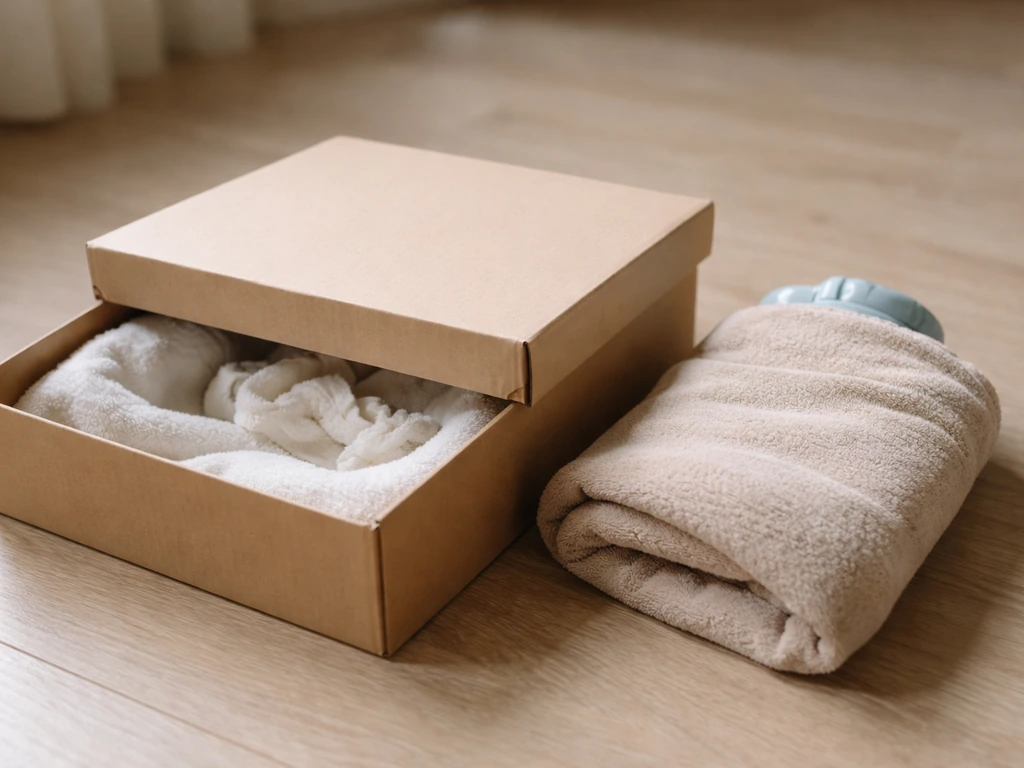 Cardboard shoebox lined with towel, warm heat source beside it, lid secured for a calm bird.