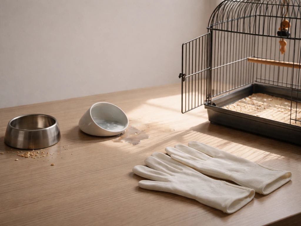 Minimal photo-style do-not list showing items to avoid: food, water, handling, and a sunlit open cage.