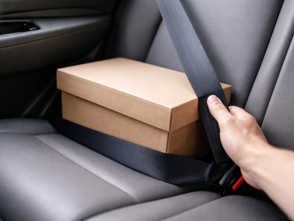A secured shoebox with a closed lid in a car, stabilized by a driver’s hand away from vents.