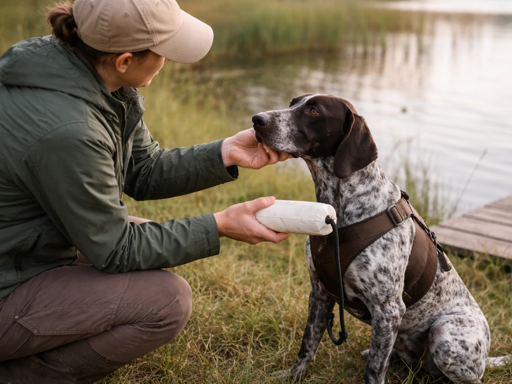 Trainer kneeling beside a calm bird dog, gently inspecting mouth grip with training dummy in a grassy field.