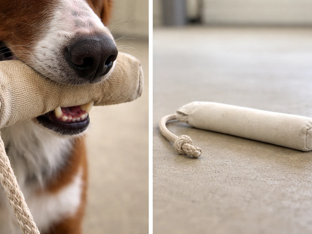 Close-up of a dog chewing/crushing a canvas bumper versus an intact bumper for safe mouth-grip comparison.