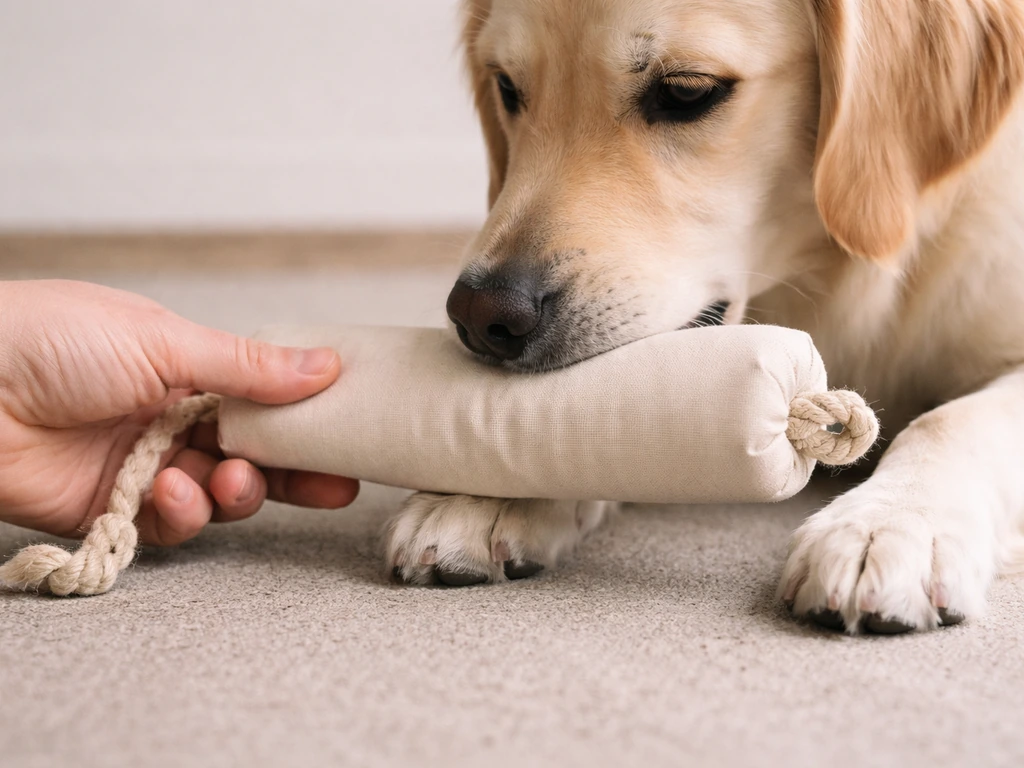 Ground-level view of a dog calmly taking a soft canvas training bumper from a trainer’s hand.