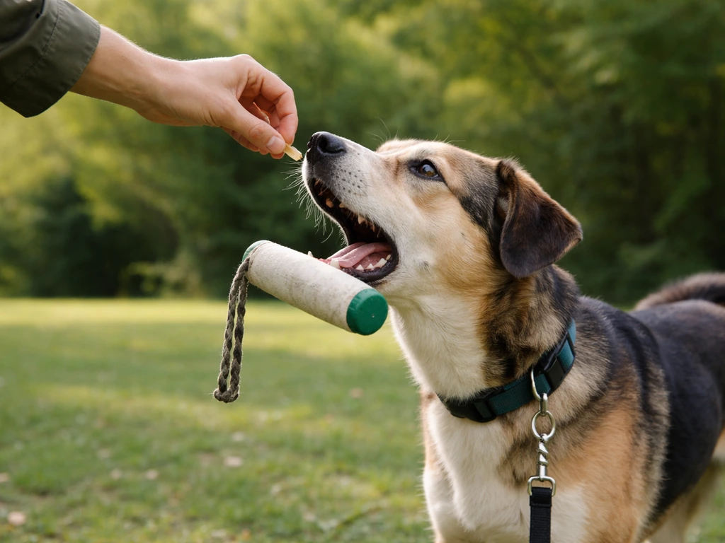 Trainer holds a treat at a dog’s nose as the dog releases a training bumper.