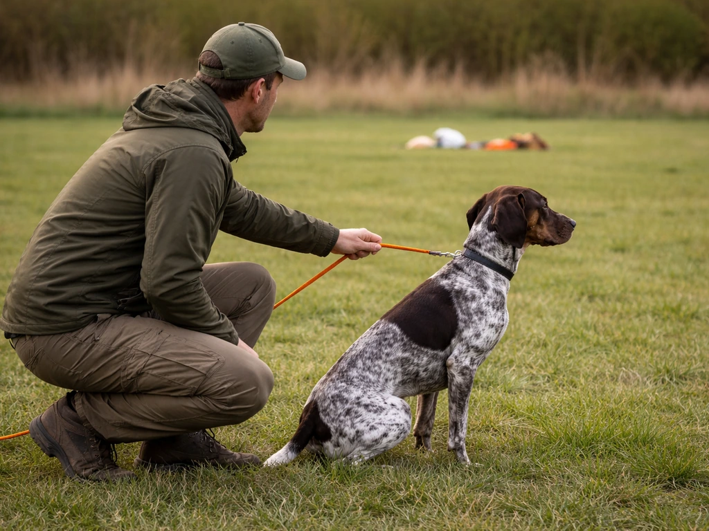 Trainer calmly separates a dog from a training area with a bird safely out of view